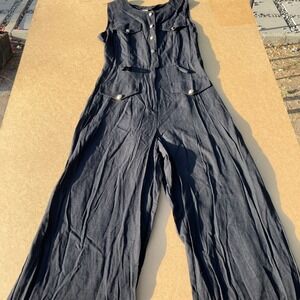 Metropolitan Jumpsuit Women 10 Black Career Utility Wide Leg Gold Button Belted